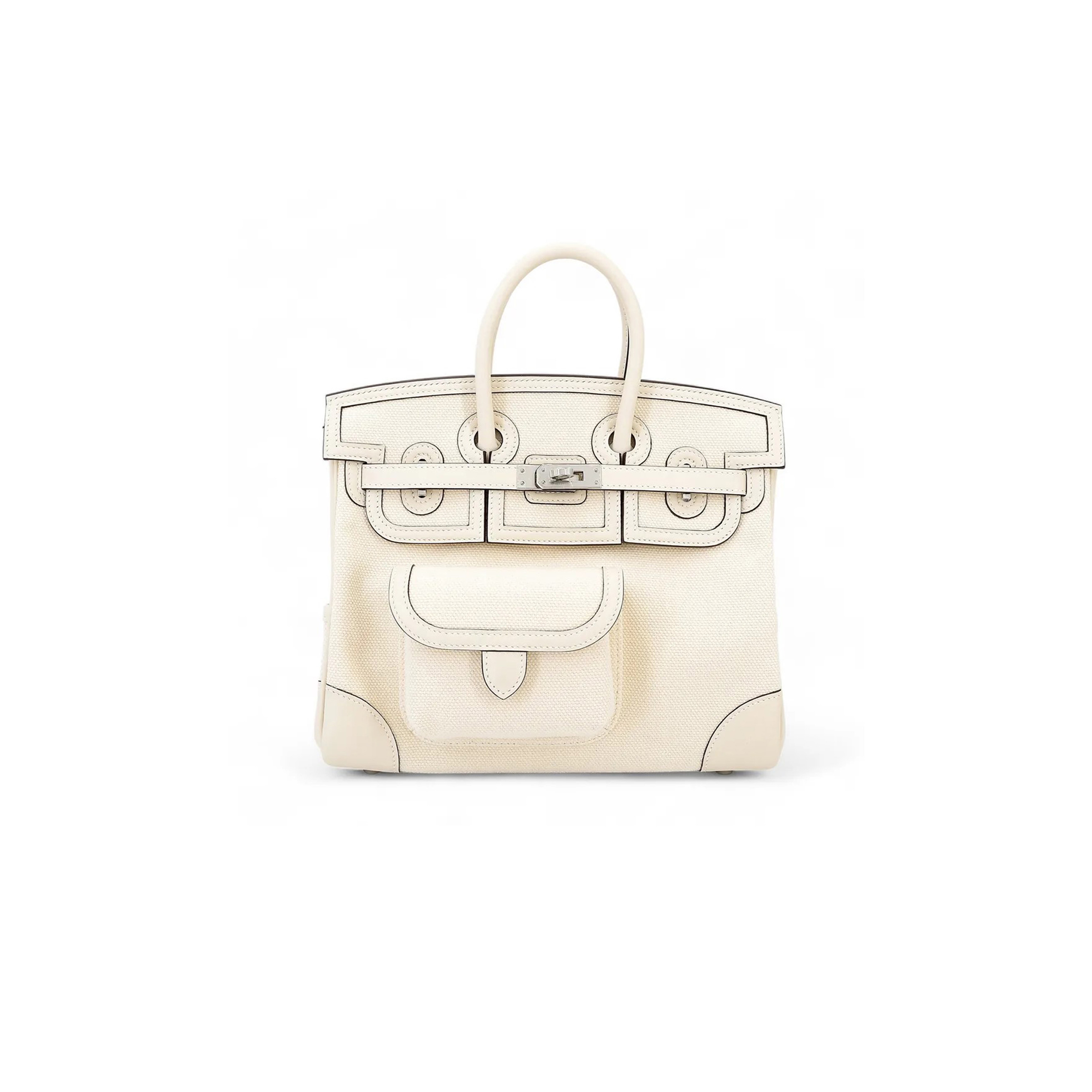 H**mes master birkin 25 cream white leather canvas silver buckle 1305777953 (25*20*13cm)